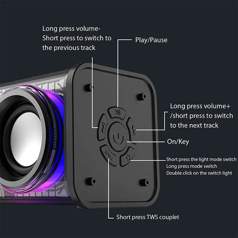 V8 Transparent Mecha Music Speakers Bluetooth Wireless 5.0 Bass Diaphragm Subwoofer TWS Stereo RGB Light Mini Party speaker ﻿