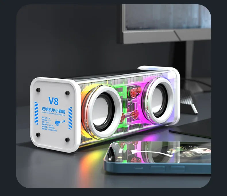 V8 Transparent Mecha Music Speakers Bluetooth Wireless 5.0 Bass Diaphragm Subwoofer TWS Stereo RGB Light Mini Party speaker ﻿