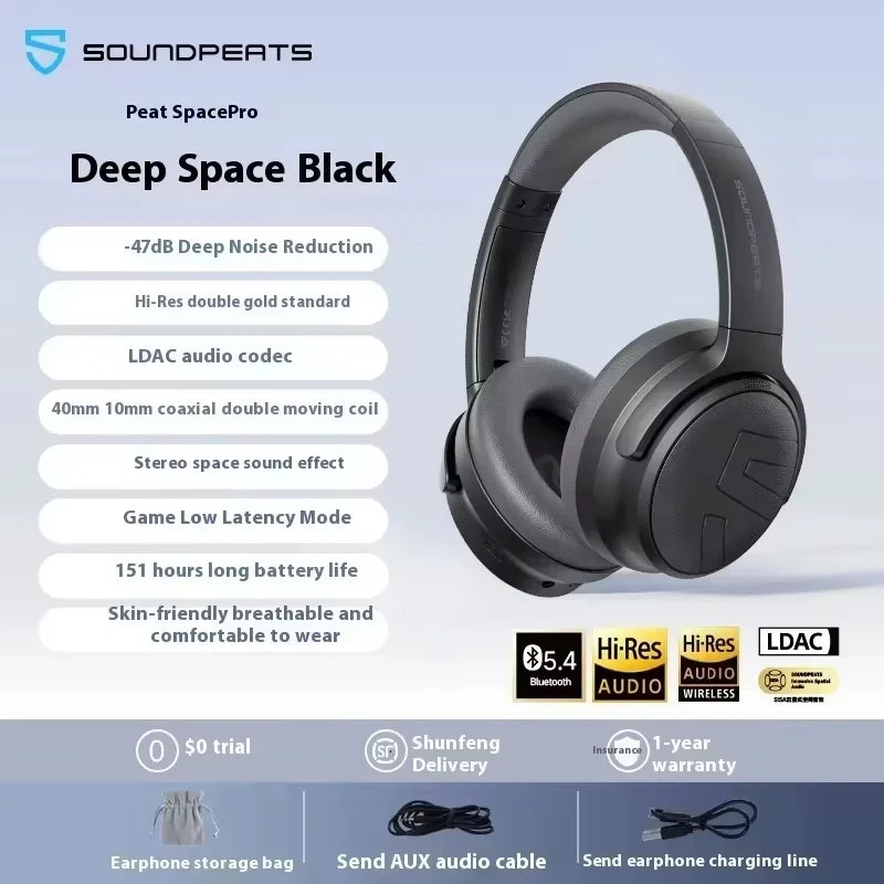 Soundpeats Space Pro Headphone Wireless Hifi Hd Battery Life Subwoofer Active Noise Reduction Headsets Game Earphones Custom