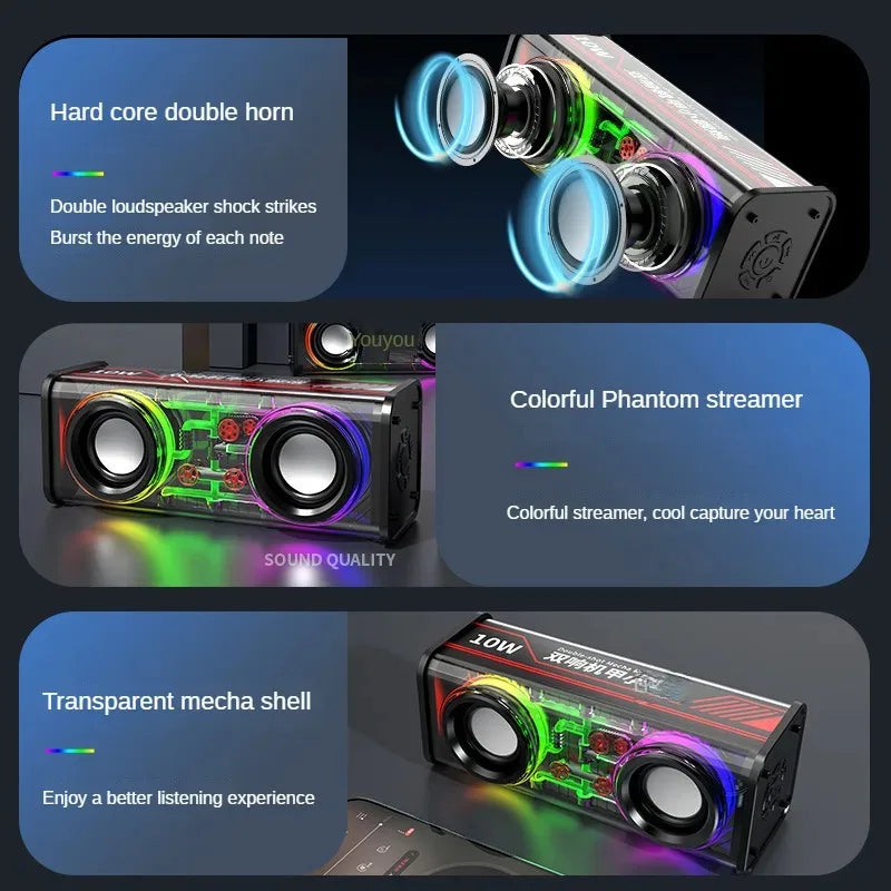 V8 Transparent Mecha Music Speakers Bluetooth Wireless 5.0 Bass Diaphragm Subwoofer TWS Stereo RGB Light Mini Party speaker ﻿