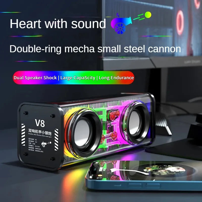 V8 Transparent Mecha Music Speakers Bluetooth Wireless 5.0 Bass Diaphragm Subwoofer TWS Stereo RGB Light Mini Party speaker ﻿