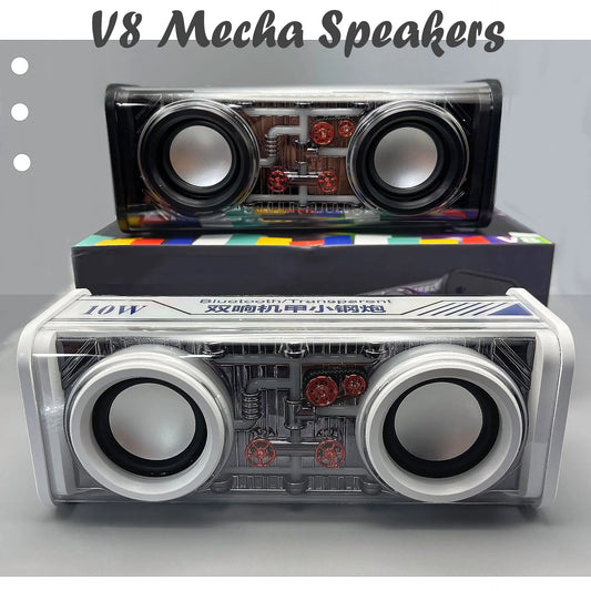 V8 Transparent Mecha Music Speakers Bluetooth Wireless 5.0 Bass Diaphragm Subwoofer TWS Stereo RGB Light Mini Party speaker ﻿