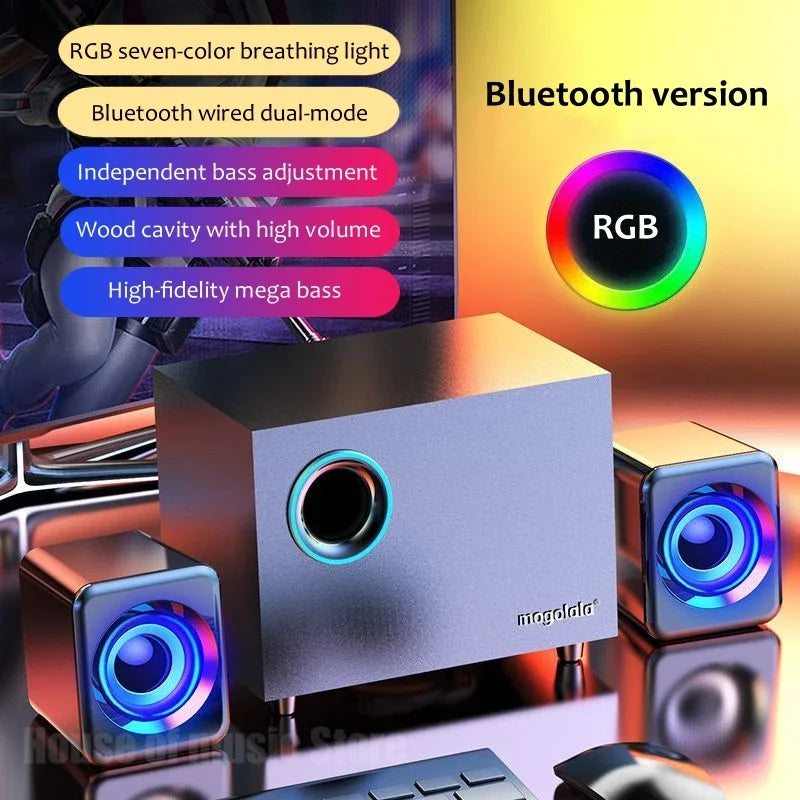 USB Wired Bluetooth Computer Speaker Home 2.1 Channel Wooden Desktop Subwoofer Active Audio 3D Surround Sound Bass Game Speakers